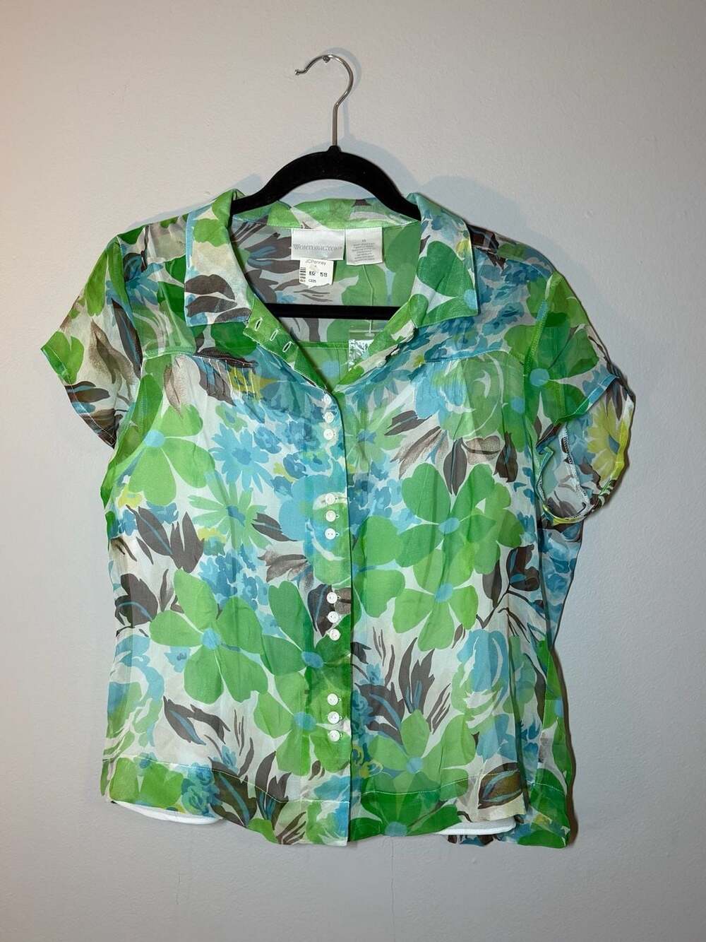 Worthington Floral Sheer Short Sleeve Button Down Blouse & Camisole Set Size PS